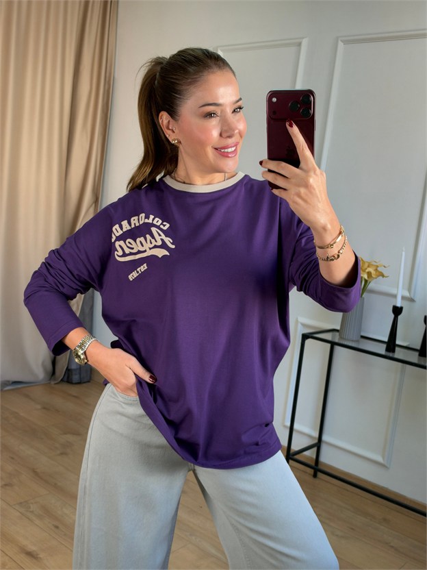 Mor Baskılı Basic Bluz