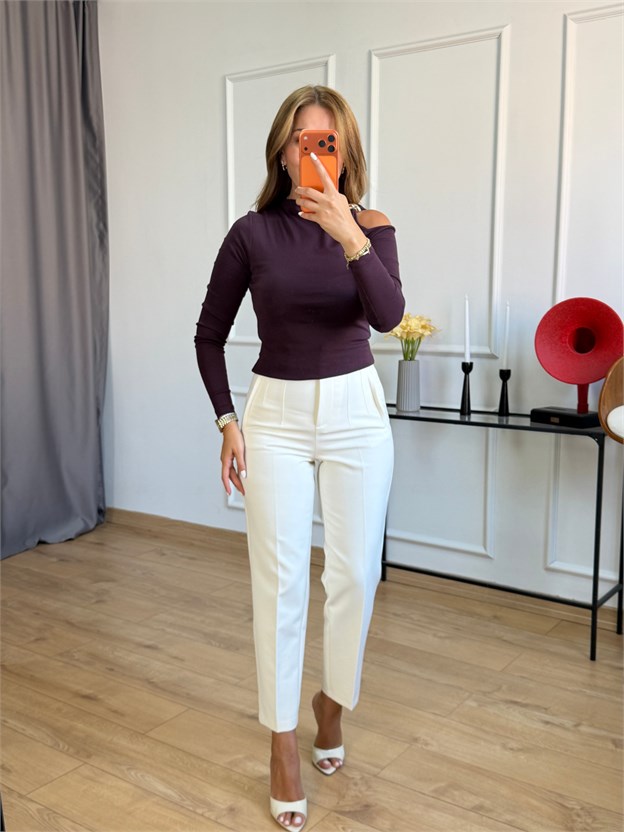 Mürdüm Omuz Tokalı Pencere Detay Bluz