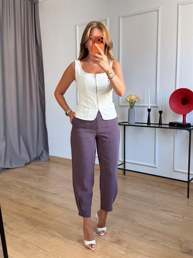 Mürdüm Paça Detaylı Havuç Pantolon