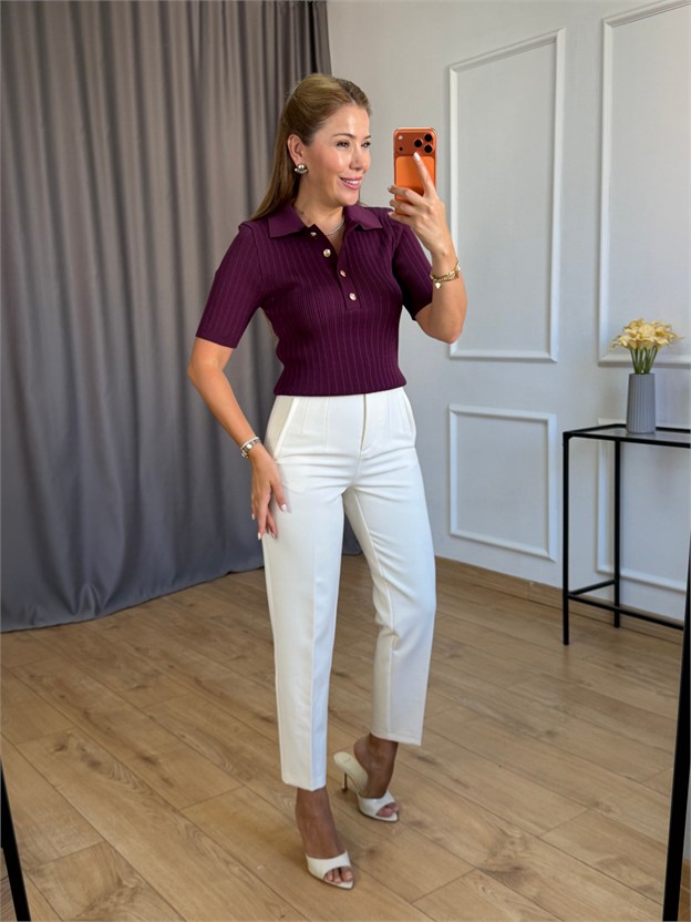 Mürdüm Polo Yaka Gold Düğmeli Triko