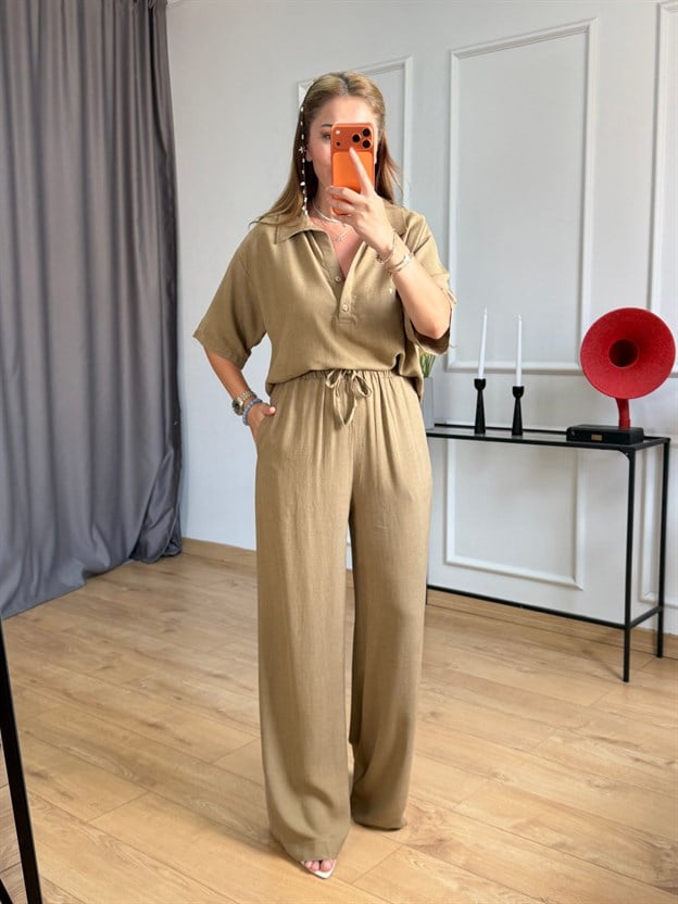 Olive Beli Lastikli Keten Pantolon
