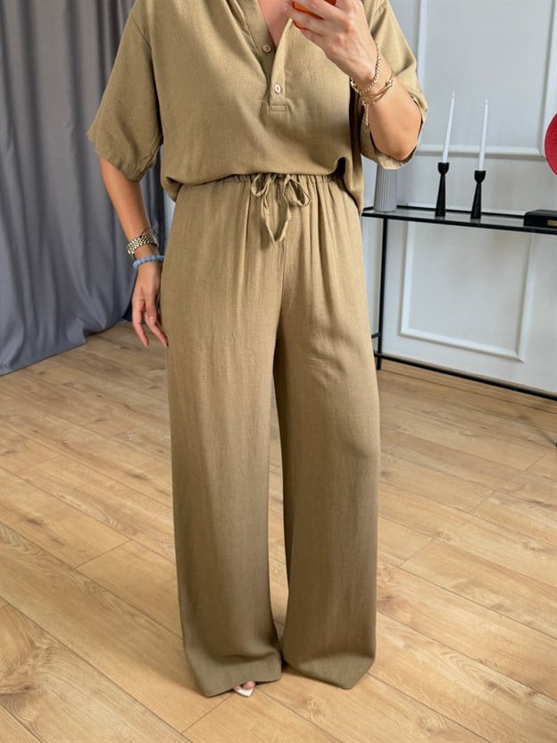 Olive Beli Lastikli Keten Pantolon