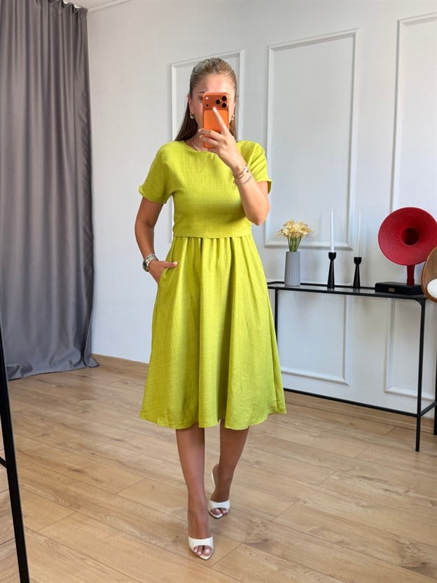 Olive Bluz Etek Görünümlü Elbise
