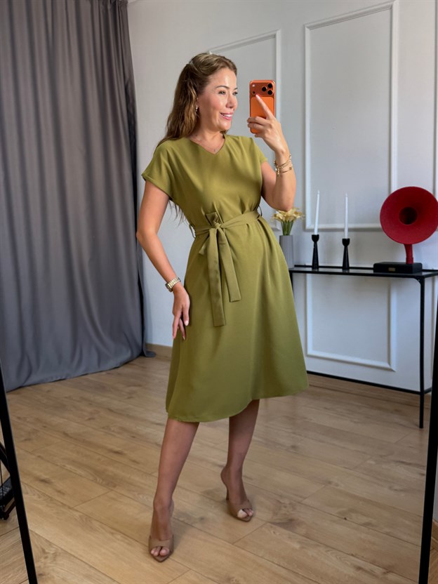 Olive Kuşaklı Çan Elbise