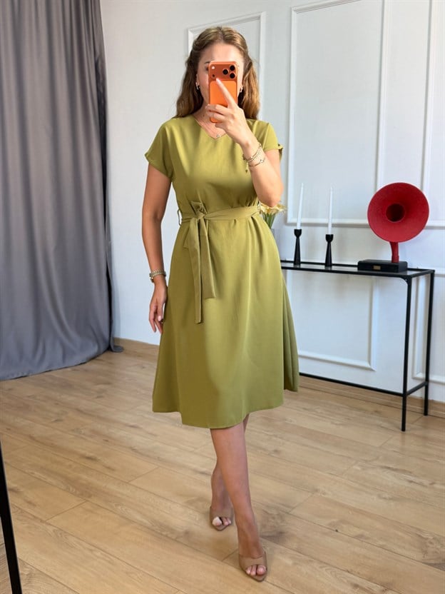 Olive Kuşaklı Çan Elbise