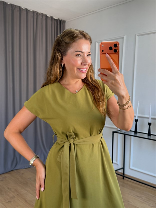Olive Kuşaklı Çan Elbise