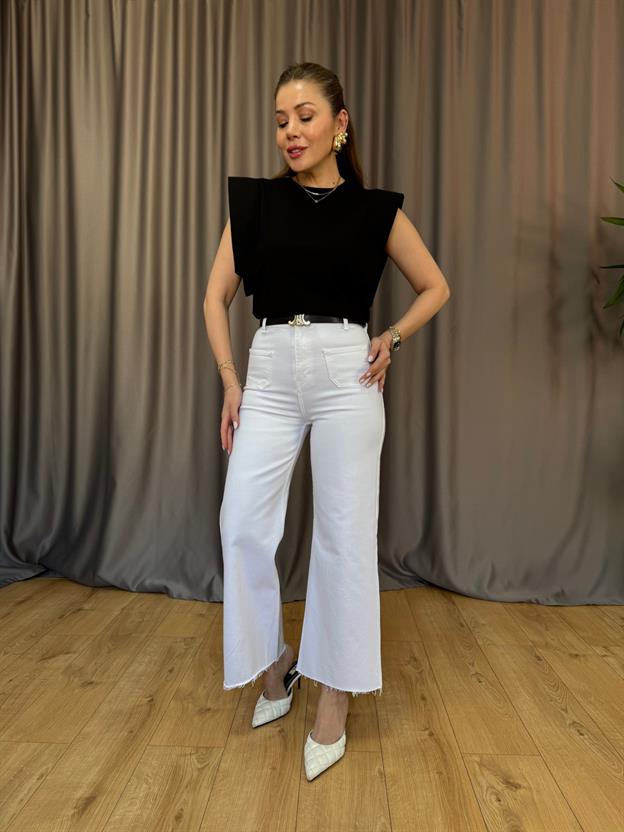 Orj. Marka Beyaz Bol Paça Flare Jean