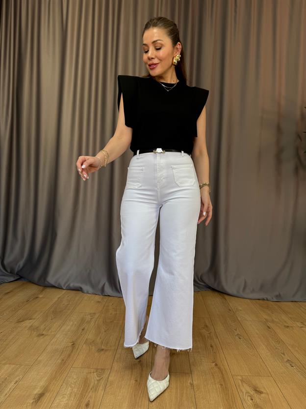 Orj. Marka Beyaz Bol Paça Flare Jean