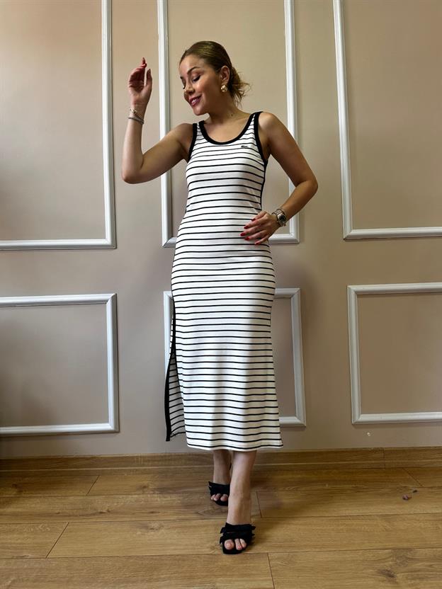 Ekru Çizgili Yan Yırtmaç Elbise