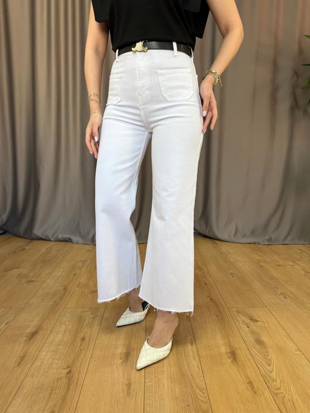 Orj. Marka Beyaz Bol Paça Flare Jean