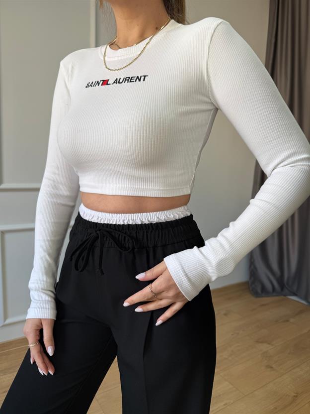 Beyaz Fitilli Crop Bluz
