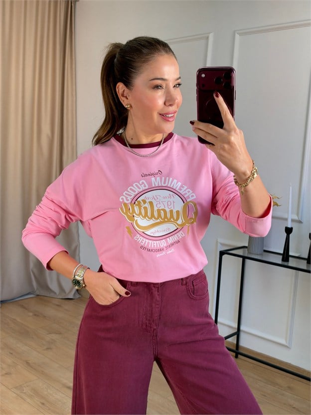 Pembe Baskılı Basic Bluz