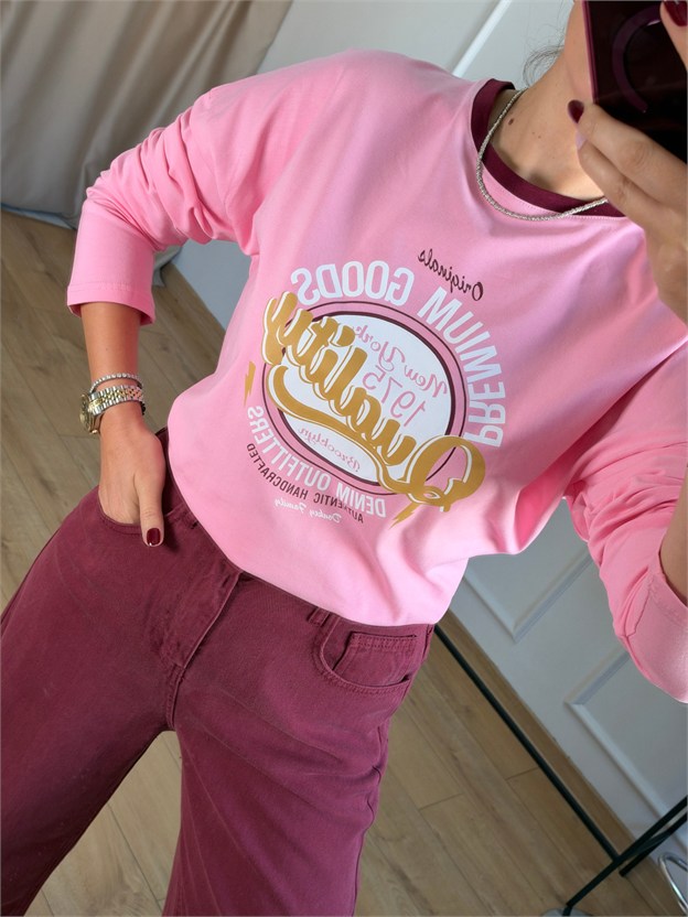 Pembe Baskılı Basic Bluz