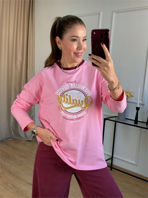 Pembe Baskılı Basic Bluz