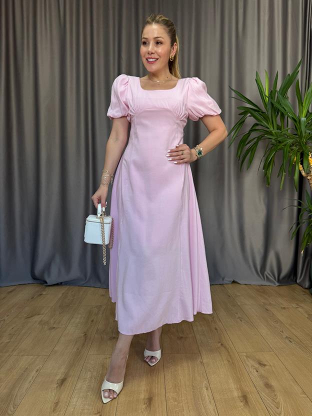 Pembe Büzgü Detay Elbise