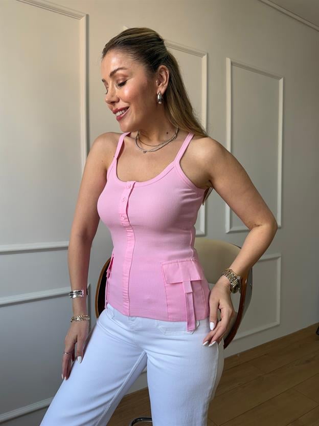 Pembe Cep Detaylı Askılı Bluz