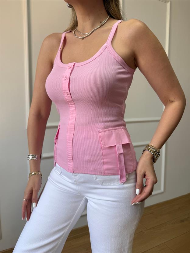 Pembe Cep Detaylı Askılı Bluz