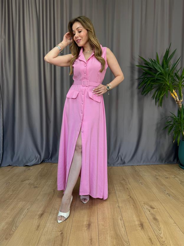 Pembe Cep Kapaklı Kemerli Elbise