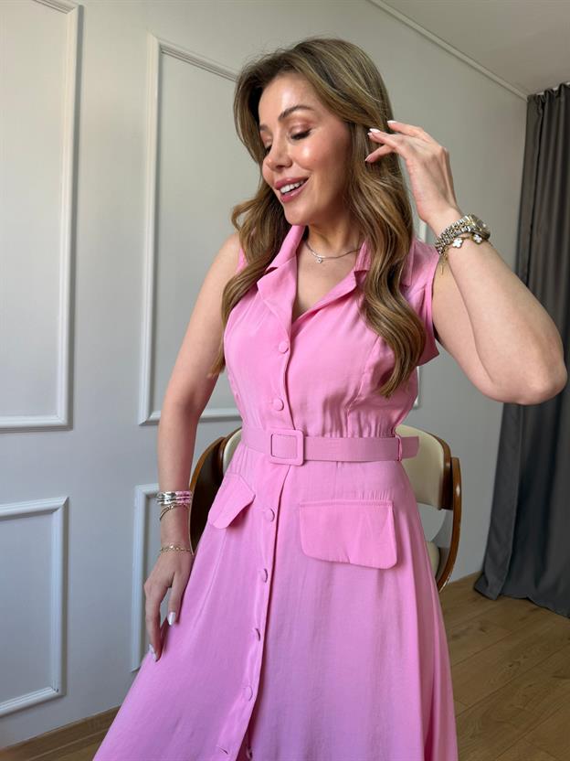 Pembe Cep Kapaklı Kemerli Elbise
