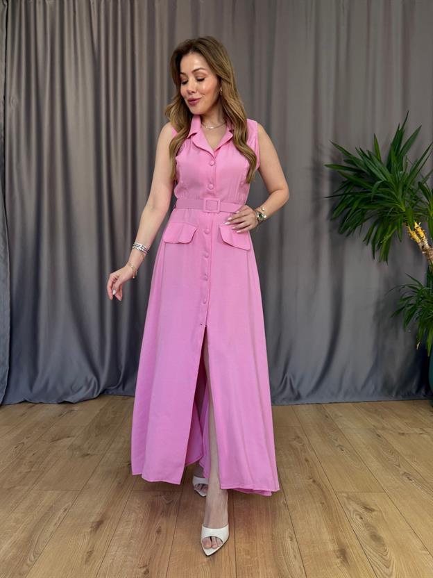 Pembe Cep Kapaklı Kemerli Elbise