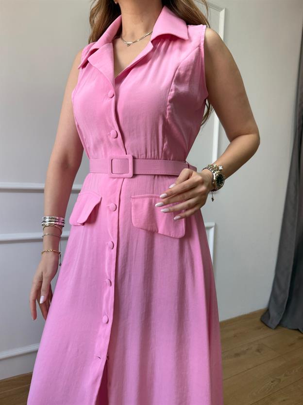 Pembe Cep Kapaklı Kemerli Elbise