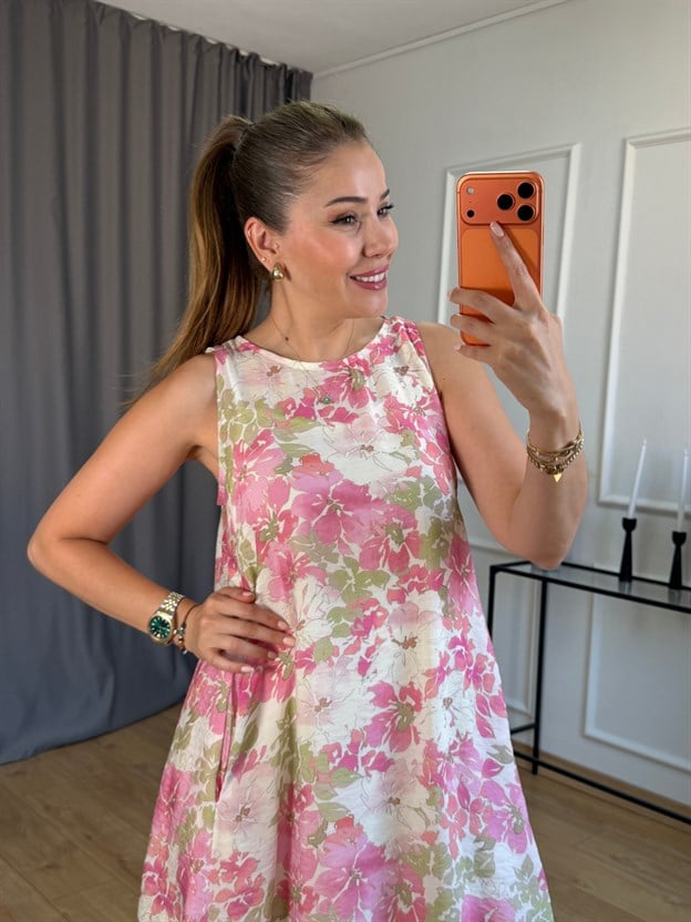 Pembe Çiçek Desen Astarlı Elbise