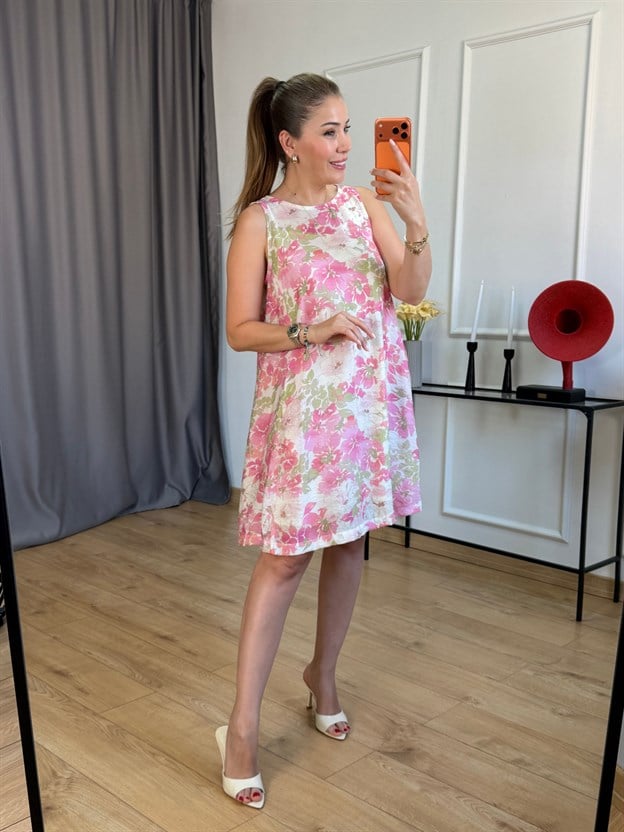 Pembe Çiçek Desen Astarlı Elbise