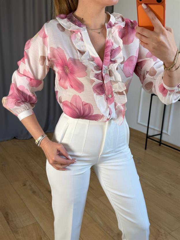 Pembe Çiçekli Ön Fırfır Gömlek