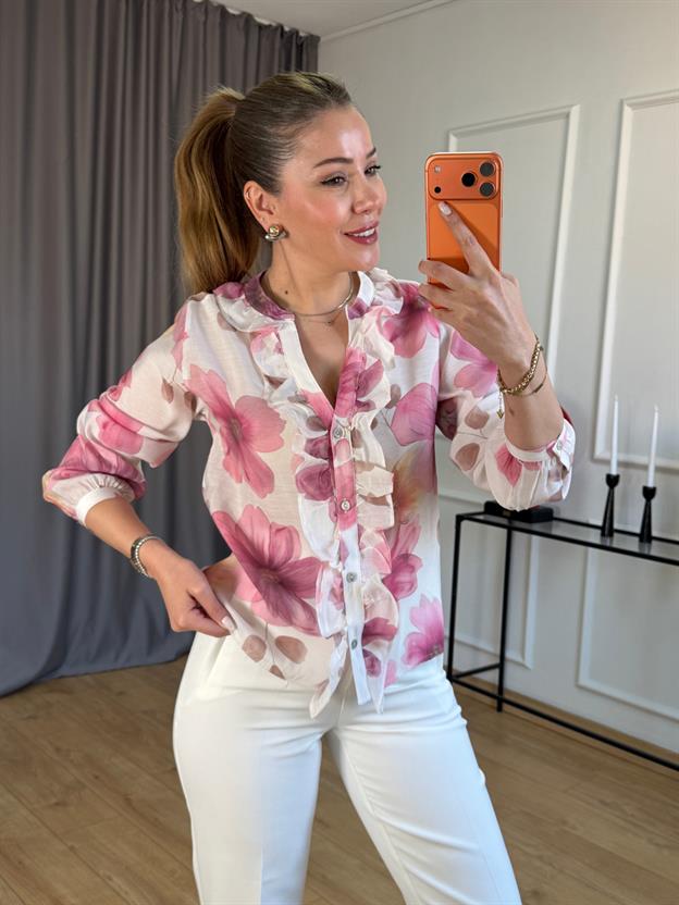 Pembe Çiçekli Ön Fırfır Gömlek
