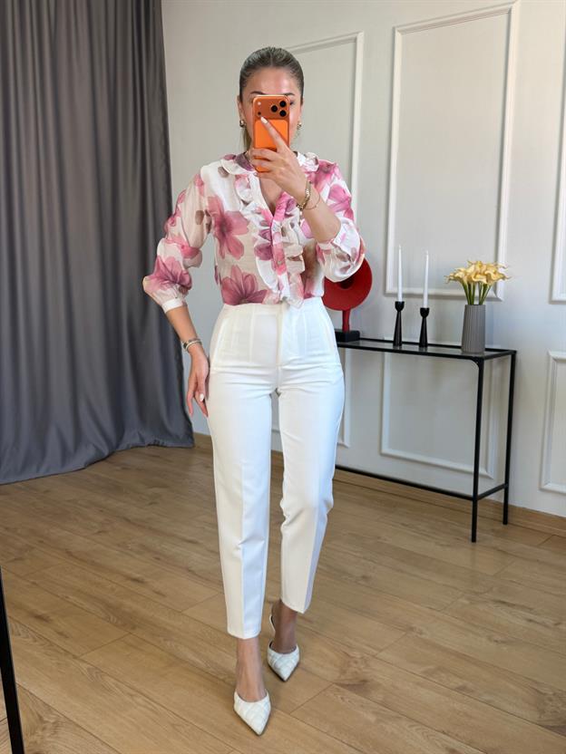 Pembe Çiçekli Ön Fırfır Gömlek