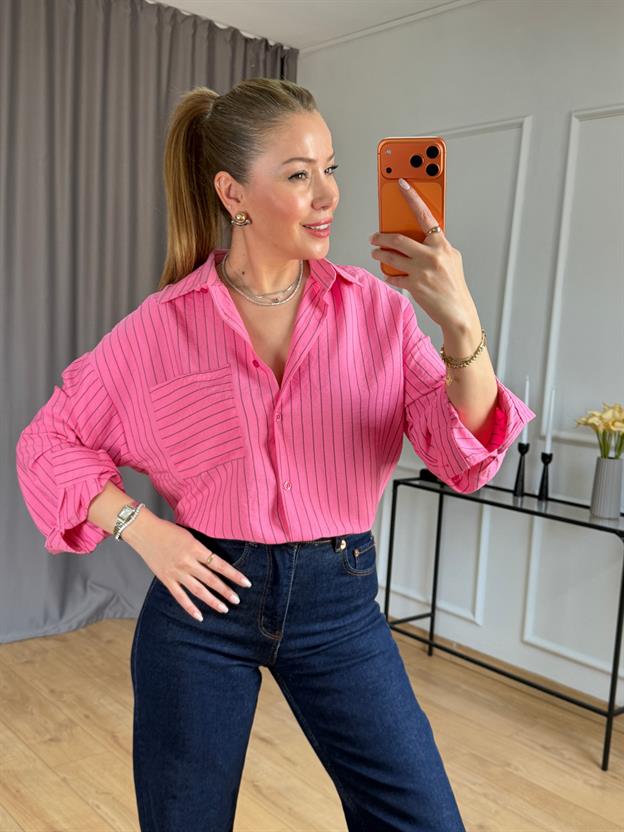 Pembe Çizgili Tek Cepli Gömlek