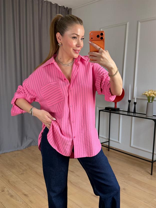 Pembe Çizgili Tek Cepli Gömlek