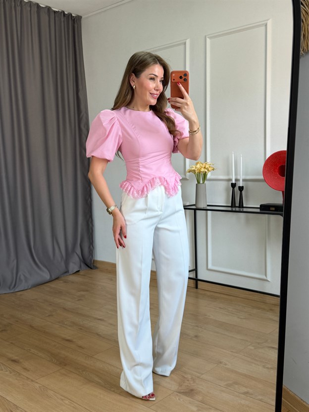 Pembe Etek Ucu Dantelli Bluz