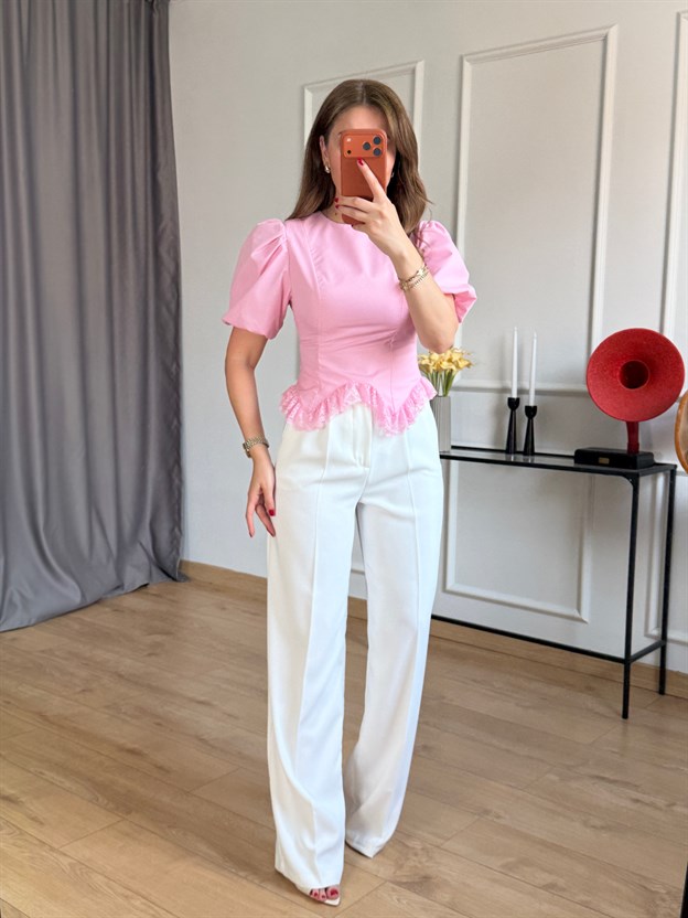Pembe Etek Ucu Dantelli Bluz