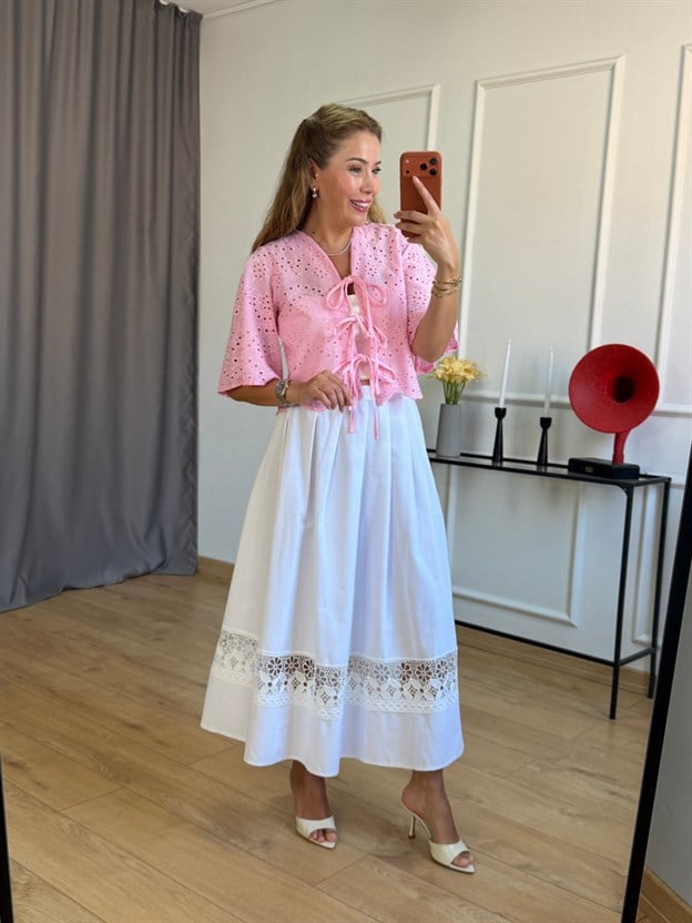 Pembe Fistolu Ön Bağlama Bluz
