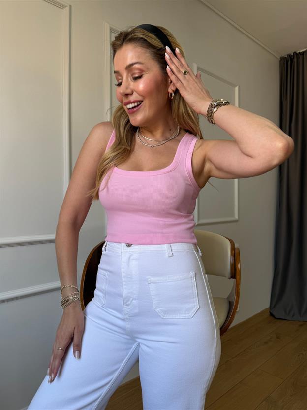 Pembe Fitilli Kalın Askılı Bluz