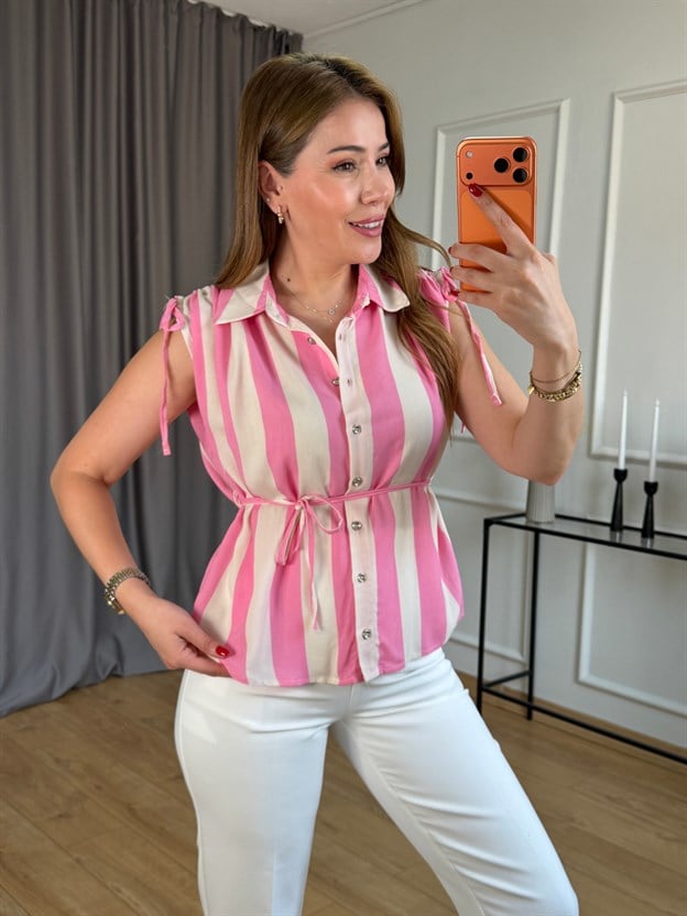Pembe Kalın Çizgili Viskon Gömlek