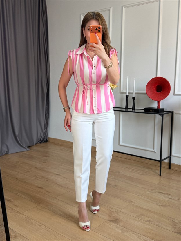 Pembe Kalın Çizgili Viskon Gömlek