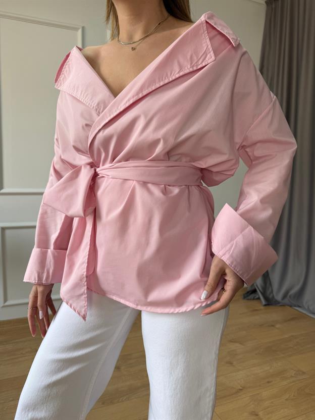 Pembe Uzun Kimono Model Gömlek 