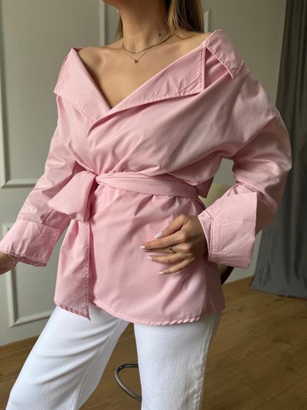 Pembe Uzun Kimono Model Gömlek 