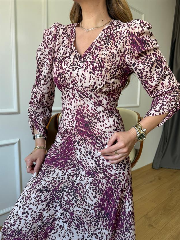 Pembe Leopar Desenli Kolu Büzgülü Elbise