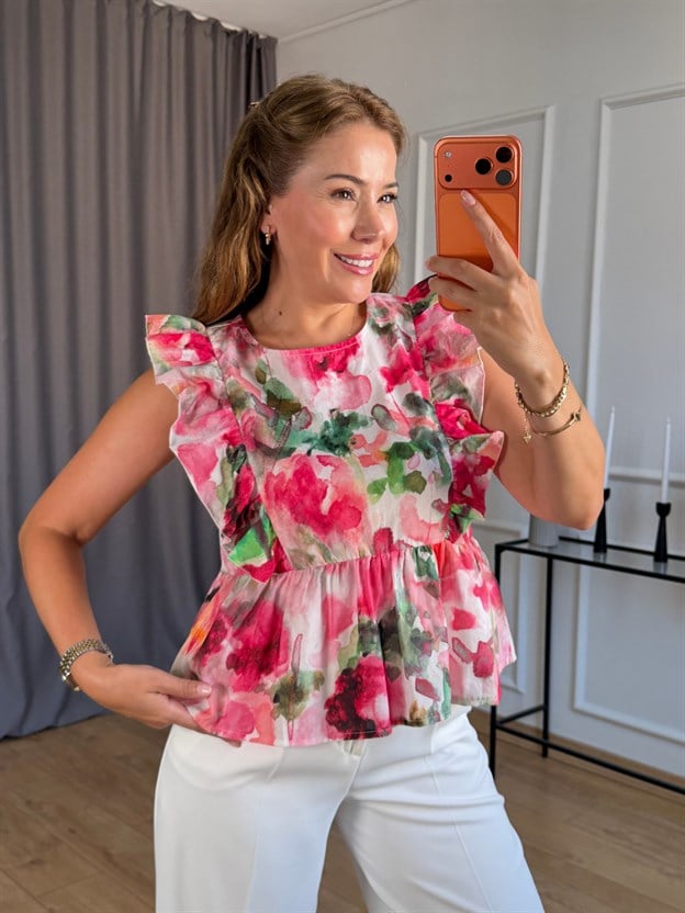 Pembe Omuz Fırfırlı Çiçek Desen Bluz