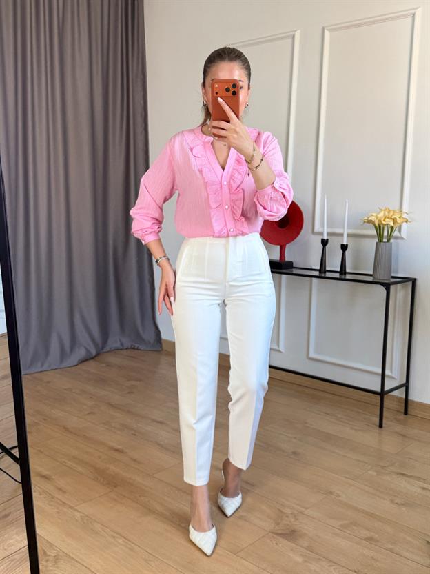 Pembe Ön Fırfır Detaylı Gömlek
