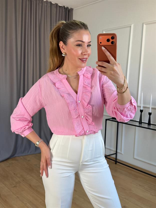 Pembe Ön Fırfır Detaylı Gömlek