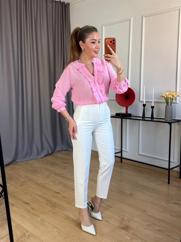 Pembe Ön Fırfır Detaylı Gömlek