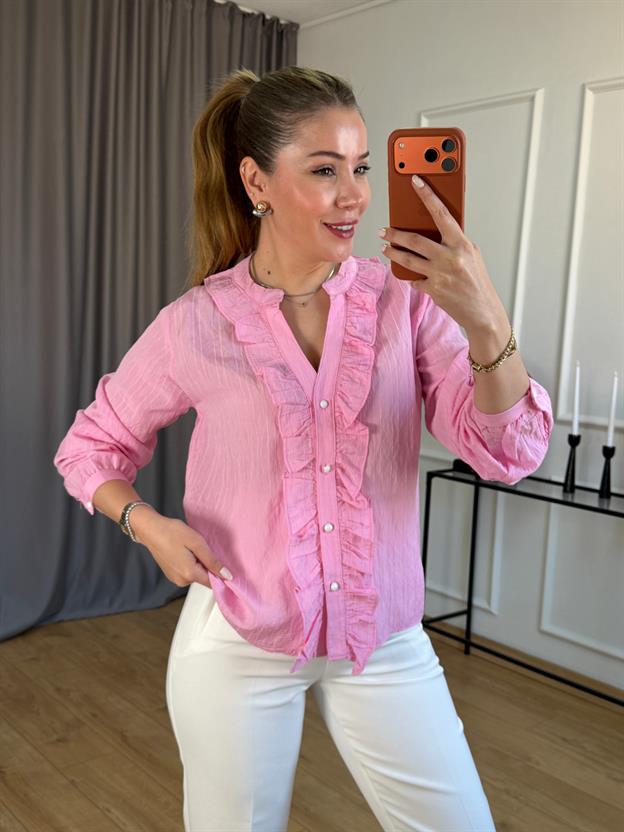 Pembe Ön Fırfır Detaylı Gömlek