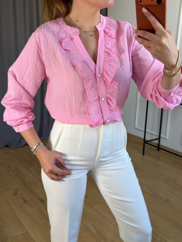 Pembe Ön Fırfır Detaylı Gömlek