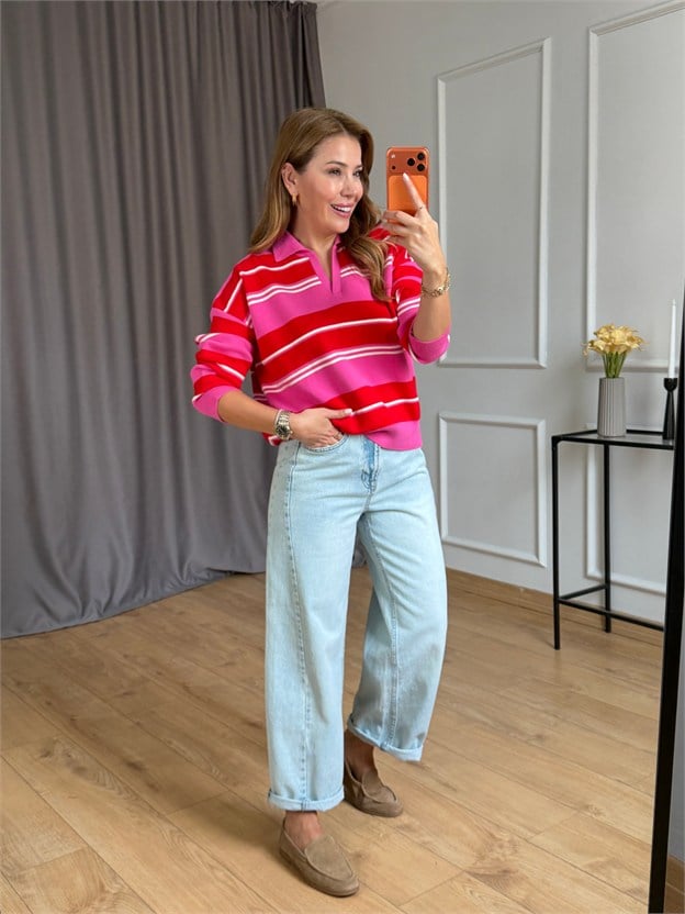 Pembe Polo Yaka Çizgili Kazak