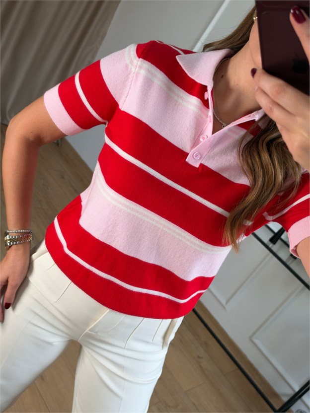 Pembe Polo Yaka Elitli Kısa Kol Triko