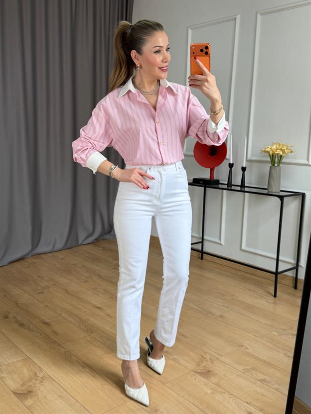 Pembe Yaka Manşetli Çizgili Gömlek